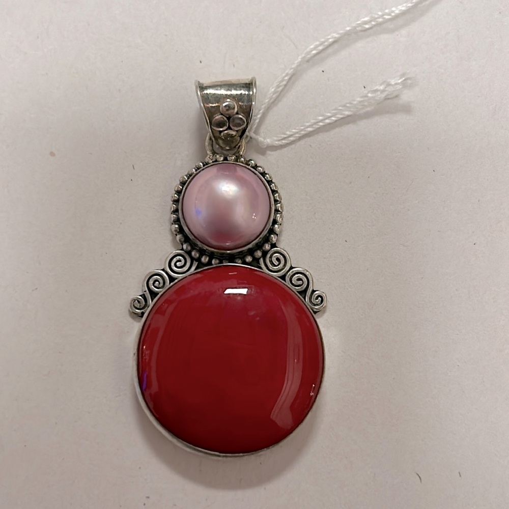 925 sterling silver, red coral, & pink pearl boho style necklace pendant